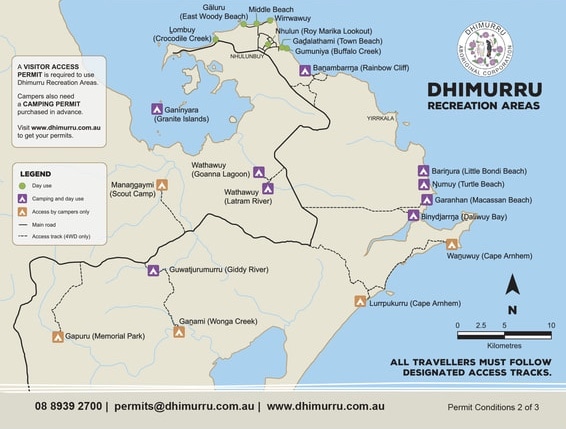 A map shows all of the campgrounds available through Dhimurru Council in East Arnhem Land