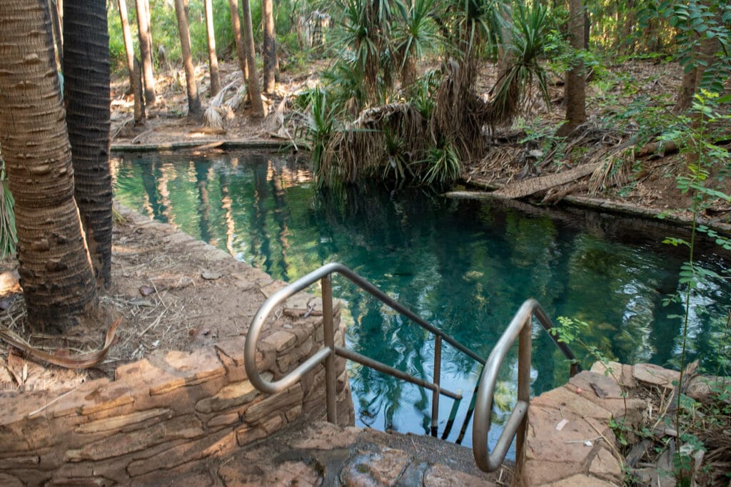 Stairs and railing lead to a clear blue swimming hole surrounded by lush vegetation