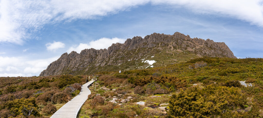 A wooden boardwalk path leads through scrub towards Cradle Mountain in Cradle Mountain National Park, Tasmania, Australia