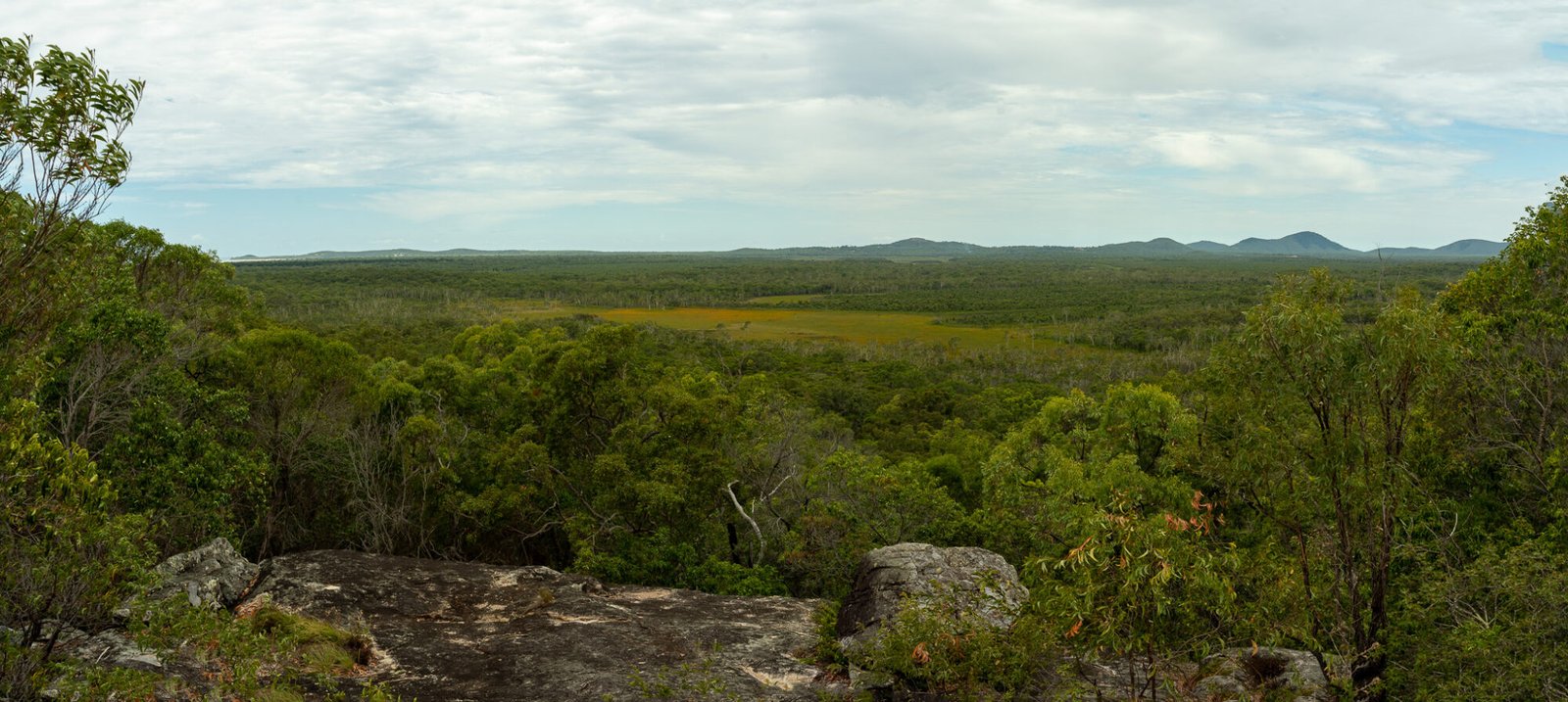 A rocky outcrop provides panoramic views over lush bushland on a mostly cludy day