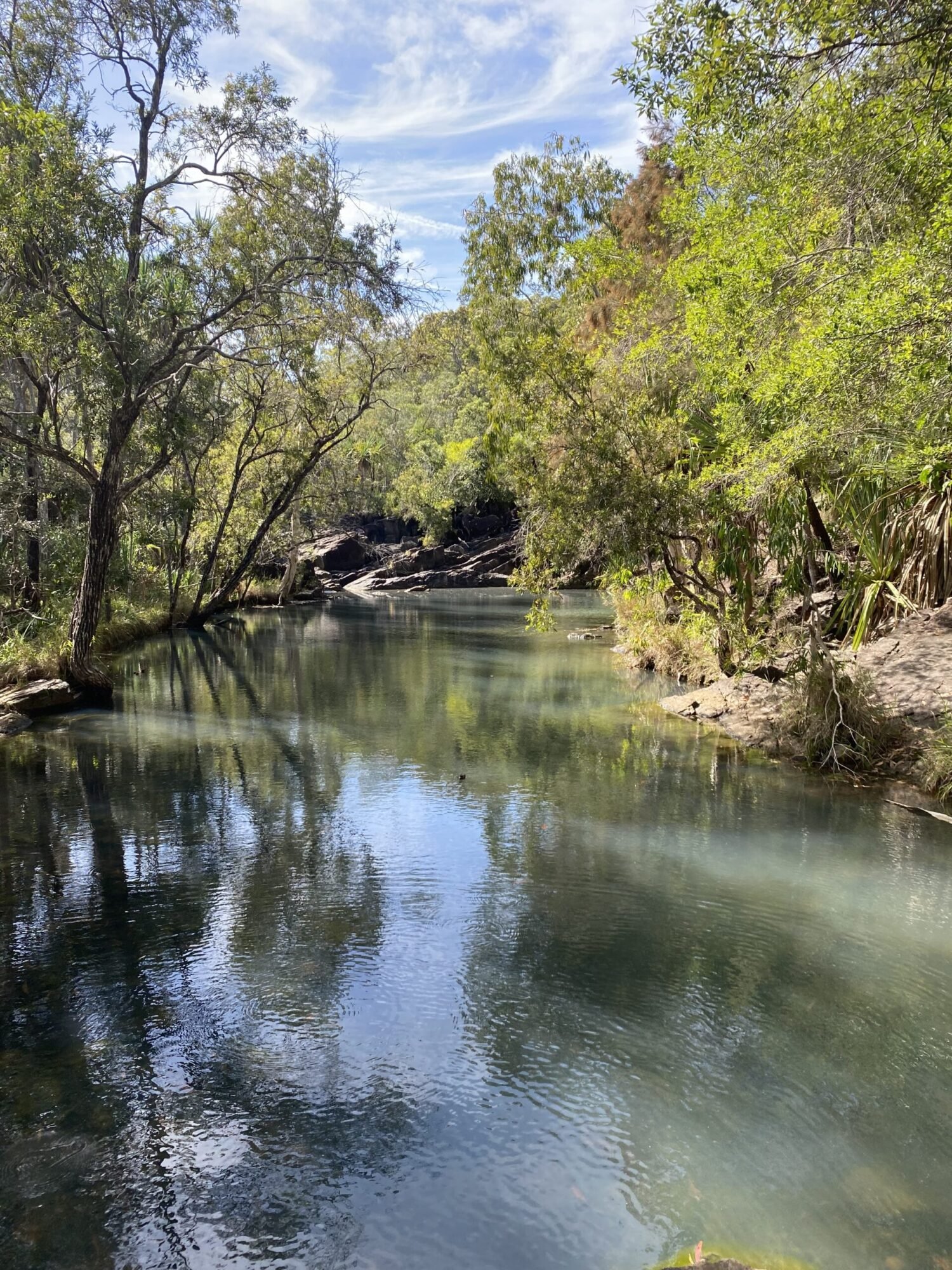 A view down a river surrounded by thick vegetation and rocks in the background on a partly cloudy day