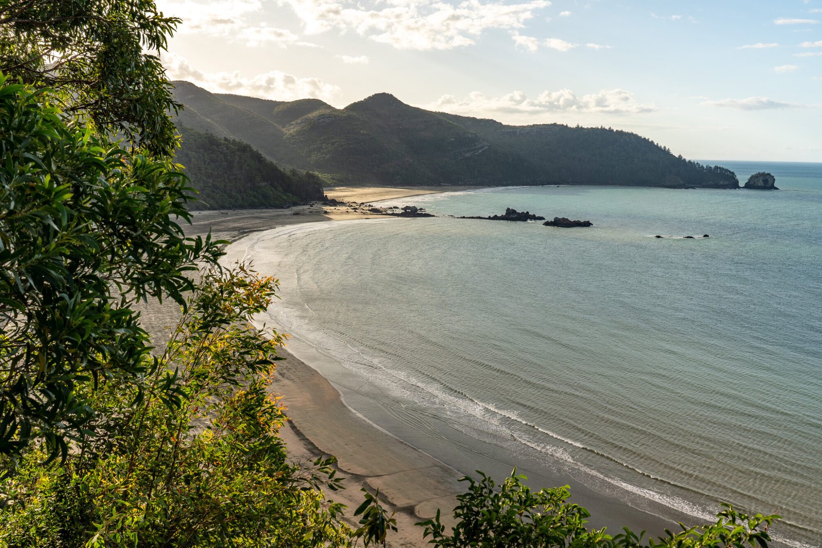A lookout over a sandy beach at sunset curving around to rolling green hills